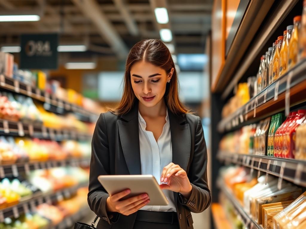 Researcher capturing shelf data on a tablet in a retail store