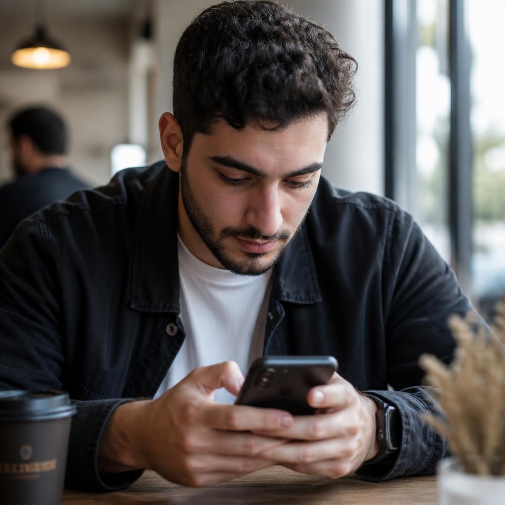 Person using a smartphone in a café