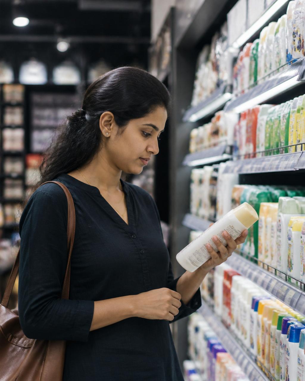 Consumer examining a product on a supermarket shelf