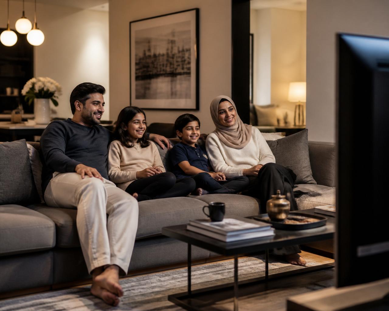 A family watching content on a large television at home